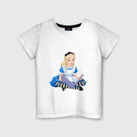 Детская футболка хлопок с принтом Алиса в стране чудес в Белгороде, 100% хлопок | круглый вырез горловины, полуприлегающий силуэт, длина до линии бедер | Тематика изображения на принте: алиса | блондинка | в стране чудес | девочка | книга | мультик | сказка