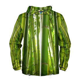 Мужская ветровка 3D с принтом Бамбук в Белгороде, 100% полиэстер | подол и капюшон оформлены резинкой с фиксаторами, два кармана без застежек по бокам, один потайной карман на груди | Тематика изображения на принте: бамбук | зеленая | растения