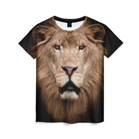 Женская футболка 3D с принтом Царь зверей в Белгороде, 100% полиэфир ( синтетическое хлопкоподобное полотно) | прямой крой, круглый вырез горловины, длина до линии бедер | власть | дикая кошка | животное | король джунглей | лев | львица | мощь | мудрость | охотник | сила | хитрость | хищник | царь зверей