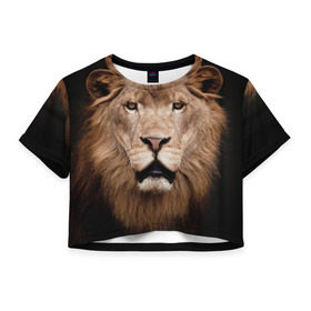 Женская футболка 3D укороченная с принтом Царь зверей в Белгороде, 100% полиэстер | круглая горловина, длина футболки до линии талии, рукава с отворотами | власть | дикая кошка | животное | король джунглей | лев | львица | мощь | мудрость | охотник | сила | хитрость | хищник | царь зверей