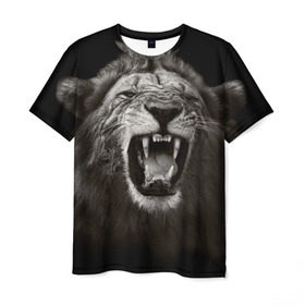 Мужская футболка 3D с принтом Разъярённый лев в Белгороде, 100% полиэфир | прямой крой, круглый вырез горловины, длина до линии бедер | власть | дикая кошка | животное | король джунглей | лев | львица | мощь | мудрость | охотник | сила | хитрость | хищник | царь зверей