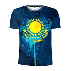 Мужская футболка 3D спортивная с принтом Казахстан в Белгороде, 100% полиэстер с улучшенными характеристиками | приталенный силуэт, круглая горловина, широкие плечи, сужается к линии бедра | казах | казахский | казахстан | национальный | нация | республика | рк | флаг | флаги