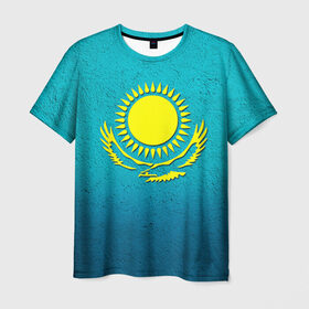 Мужская футболка 3D с принтом Флаг Казахстана в Белгороде, 100% полиэфир | прямой крой, круглый вырез горловины, длина до линии бедер | казах | казахский | казахстан | национальный | нация | республика | рк | флаг | флаги