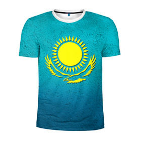 Мужская футболка 3D спортивная с принтом Флаг Казахстана в Белгороде, 100% полиэстер с улучшенными характеристиками | приталенный силуэт, круглая горловина, широкие плечи, сужается к линии бедра | Тематика изображения на принте: казах | казахский | казахстан | национальный | нация | республика | рк | флаг | флаги
