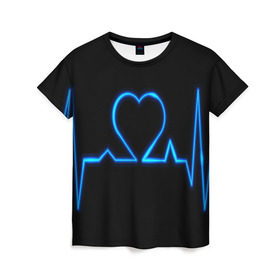 Женская футболка 3D с принтом Ритм сердца в Белгороде, 100% полиэфир ( синтетическое хлопкоподобное полотно) | прямой крой, круглый вырез горловины, длина до линии бедер | Тематика изображения на принте: ритм | сердце | синяя | черная | электро