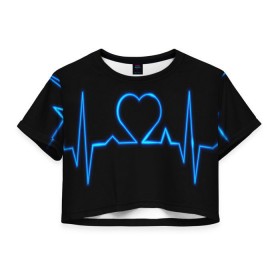 Женская футболка 3D укороченная с принтом Ритм сердца в Белгороде, 100% полиэстер | круглая горловина, длина футболки до линии талии, рукава с отворотами | ритм | сердце | синяя | черная | электро