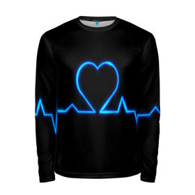 Мужской лонгслив 3D с принтом Ритм сердца в Белгороде, 100% полиэстер | длинные рукава, круглый вырез горловины, полуприлегающий силуэт | Тематика изображения на принте: ритм | сердце | синяя | черная | электро