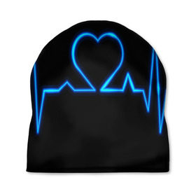 Шапка 3D с принтом Ритм сердца в Белгороде, 100% полиэстер | универсальный размер, печать по всей поверхности изделия | ритм | сердце | синяя | черная | электро
