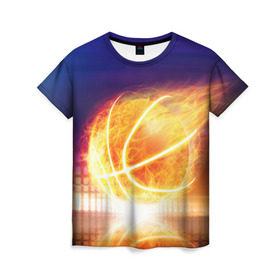 Женская футболка 3D с принтом Огненный мяч в Белгороде, 100% полиэфир ( синтетическое хлопкоподобное полотно) | прямой крой, круглый вырез горловины, длина до линии бедер | streetball | баскетбол | взрыв | искры | любимая игра | моя жизнь | мяч | огонь | пламя | развлечение | страсть | тренировка | увлечение | хобби