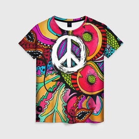 Женская футболка 3D с принтом Хиппи 2 в Белгороде, 100% полиэфир ( синтетическое хлопкоподобное полотно) | прямой крой, круглый вырез горловины, длина до линии бедер | hippie | peace | пацифик | хиппи
