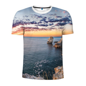 Мужская футболка 3D спортивная с принтом Эпичный закат в Белгороде, 100% полиэстер с улучшенными характеристиками | приталенный силуэт, круглая горловина, широкие плечи, сужается к линии бедра | закат | море | облака | океан | рассвет | скалы