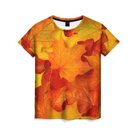 Женская футболка 3D с принтом Кленовые листья в Белгороде, 100% полиэфир ( синтетическое хлопкоподобное полотно) | прямой крой, круглый вырез горловины, длина до линии бедер | дары осени | жёлтый | золотой | клён | краски | красный | красота | листва | листья | наряд | оранжевый | осень | покров | природа