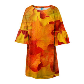 Детское платье 3D с принтом Кленовые листья в Белгороде, 100% полиэстер | прямой силуэт, чуть расширенный к низу. Круглая горловина, на рукавах — воланы | дары осени | жёлтый | золотой | клён | краски | красный | красота | листва | листья | наряд | оранжевый | осень | покров | природа