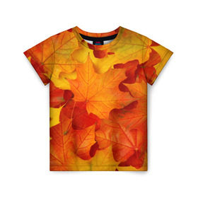 Детская футболка 3D с принтом Кленовые листья в Белгороде, 100% гипоаллергенный полиэфир | прямой крой, круглый вырез горловины, длина до линии бедер, чуть спущенное плечо, ткань немного тянется | дары осени | жёлтый | золотой | клён | краски | красный | красота | листва | листья | наряд | оранжевый | осень | покров | природа