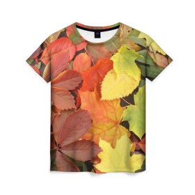 Женская футболка 3D с принтом Осенние листья в Белгороде, 100% полиэфир ( синтетическое хлопкоподобное полотно) | прямой крой, круглый вырез горловины, длина до линии бедер | Тематика изображения на принте: жёлтый | красный | листва | оранжевый | осень