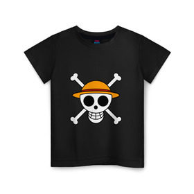 Детская футболка хлопок с принтом Весёлый Роджер Мугивар в Белгороде, 100% хлопок | круглый вырез горловины, полуприлегающий силуэт, длина до линии бедер | Тематика изображения на принте: аниме | большой куш | ван пис | кости | луффи | мугивара | пираты | соломенная | череп | шляпа