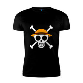 Мужская футболка премиум с принтом Весёлый Роджер Мугивар в Белгороде, 92% хлопок, 8% лайкра | приталенный силуэт, круглый вырез ворота, длина до линии бедра, короткий рукав | аниме | большой куш | ван пис | кости | луффи | мугивара | пираты | соломенная | череп | шляпа