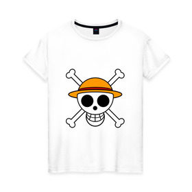 Женская футболка хлопок с принтом Весёлый Роджер Мугивар в Белгороде, 100% хлопок | прямой крой, круглый вырез горловины, длина до линии бедер, слегка спущенное плечо | аниме | большой куш | ван пис | кости | луффи | мугивара | пираты | соломенная | череп | шляпа