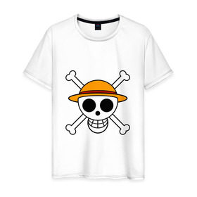 Мужская футболка хлопок с принтом Весёлый Роджер Мугивар в Белгороде, 100% хлопок | прямой крой, круглый вырез горловины, длина до линии бедер, слегка спущенное плечо. | аниме | большой куш | ван пис | кости | луффи | мугивара | пираты | соломенная | череп | шляпа
