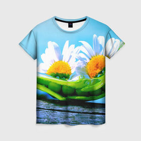 Женская футболка 3D с принтом Ромашки в Белгороде, 100% полиэфир ( синтетическое хлопкоподобное полотно) | прямой крой, круглый вырез горловины, длина до линии бедер | Тематика изображения на принте: красота | поле | природа | ромашка | цветы