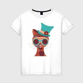 Женская футболка хлопок с принтом Кот в стиле Стим Панк в Белгороде, 100% хлопок | прямой крой, круглый вырез горловины, длина до линии бедер, слегка спущенное плечо | голова животного | кот | кошка | стим панк