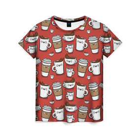 Женская футболка 3D с принтом Веселые чашки кофе в Белгороде, 100% полиэфир ( синтетическое хлопкоподобное полотно) | прямой крой, круглый вырез горловины, длина до линии бедер | паттерн