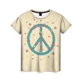 Женская футболка 3D с принтом Peace в Белгороде, 100% полиэфир ( синтетическое хлопкоподобное полотно) | прямой крой, круглый вырез горловины, длина до линии бедер | peace | мир | пис | хиппи | цветы