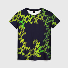 Женская футболка 3D с принтом Пиксели в Белгороде, 100% полиэфир ( синтетическое хлопкоподобное полотно) | прямой крой, круглый вырез горловины, длина до линии бедер | зеленый | кружево | узор | цветной | черный