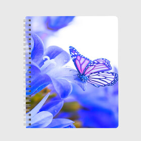 Тетрадь с принтом Бабочки в Белгороде, 100% бумага | 48 листов, плотность листов — 60 г/м2, плотность картонной обложки — 250 г/м2. Листы скреплены сбоку удобной пружинной спиралью. Уголки страниц и обложки скругленные. Цвет линий — светло-серый
 | бабочки | красота | природа | синяя | цветы