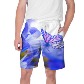 Мужские шорты 3D с принтом Бабочки в Белгороде,  полиэстер 100% | прямой крой, два кармана без застежек по бокам. Мягкая трикотажная резинка на поясе, внутри которой широкие завязки. Длина чуть выше колен | бабочки | красота | природа | синяя | цветы