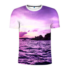 Мужская футболка 3D спортивная с принтом Закат в Белгороде, 100% полиэстер с улучшенными характеристиками | приталенный силуэт, круглая горловина, широкие плечи, сужается к линии бедра | закат | море | пейзаж | фиолетовый