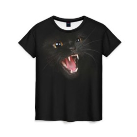 Женская футболка 3D с принтом Чёрный кот в Белгороде, 100% полиэфир ( синтетическое хлопкоподобное полотно) | прямой крой, круглый вырез горловины, длина до линии бедер | киска | кот | кошка
