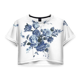Женская футболка 3D укороченная с принтом Синие цветы в Белгороде, 100% полиэстер | круглая горловина, длина футболки до линии талии, рукава с отворотами | Тематика изображения на принте: розы | синие розы | узор | цветы
