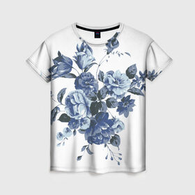 Женская футболка 3D с принтом Синие цветы в Белгороде, 100% полиэфир ( синтетическое хлопкоподобное полотно) | прямой крой, круглый вырез горловины, длина до линии бедер | розы | синие розы | узор | цветы