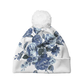 Шапка 3D c помпоном с принтом Синие цветы в Белгороде, 100% полиэстер | универсальный размер, печать по всей поверхности изделия | розы | синие розы | узор | цветы