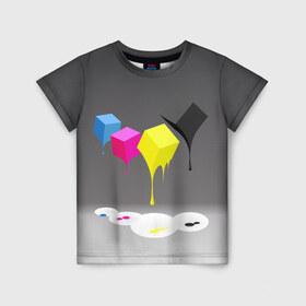 Детская футболка 3D с принтом Краски-кубики в Белгороде, 100% гипоаллергенный полиэфир | прямой крой, круглый вырез горловины, длина до линии бедер, чуть спущенное плечо, ткань немного тянется | жёлтый | краски | кубики | розовый | стекают | цвета | чёрный