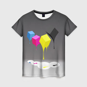 Женская футболка 3D с принтом Краски-кубики в Белгороде, 100% полиэфир ( синтетическое хлопкоподобное полотно) | прямой крой, круглый вырез горловины, длина до линии бедер | жёлтый | краски | кубики | розовый | стекают | цвета | чёрный