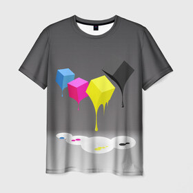 Мужская футболка 3D с принтом Краски-кубики в Белгороде, 100% полиэфир | прямой крой, круглый вырез горловины, длина до линии бедер | жёлтый | краски | кубики | розовый | стекают | цвета | чёрный