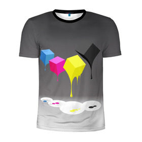 Мужская футболка 3D спортивная с принтом Краски-кубики в Белгороде, 100% полиэстер с улучшенными характеристиками | приталенный силуэт, круглая горловина, широкие плечи, сужается к линии бедра | жёлтый | краски | кубики | розовый | стекают | цвета | чёрный