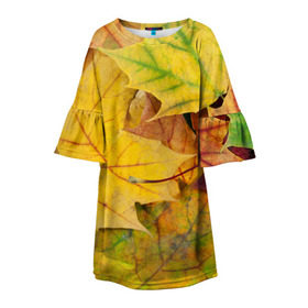 Детское платье 3D с принтом Осенние листья в Белгороде, 100% полиэстер | прямой силуэт, чуть расширенный к низу. Круглая горловина, на рукавах — воланы | жёлтый | зелёный | клён | листва