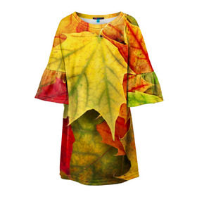 Детское платье 3D с принтом Кленовые листья в Белгороде, 100% полиэстер | прямой силуэт, чуть расширенный к низу. Круглая горловина, на рукавах — воланы | жёлтый | зелёный | красный | листва | оранжевый | осень