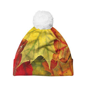 Шапка 3D c помпоном с принтом Кленовые листья в Белгороде, 100% полиэстер | универсальный размер, печать по всей поверхности изделия | жёлтый | зелёный | красный | листва | оранжевый | осень