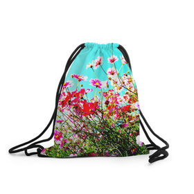 Рюкзак-мешок 3D с принтом Поле цветов в Белгороде, 100% полиэстер | плотность ткани — 200 г/м2, размер — 35 х 45 см; лямки — толстые шнурки, застежка на шнуровке, без карманов и подкладки | луг | пейзаж | розовый