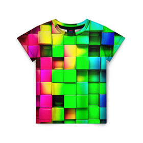 Детская футболка 3D с принтом Кубики в Белгороде, 100% гипоаллергенный полиэфир | прямой крой, круглый вырез горловины, длина до линии бедер, чуть спущенное плечо, ткань немного тянется | радуга | разноцветный. квадраты | текстура
