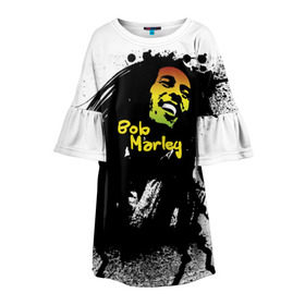 Детское платье 3D с принтом Bob Marley в Белгороде, 100% полиэстер | прямой силуэт, чуть расширенный к низу. Круглая горловина, на рукавах — воланы | Тематика изображения на принте: bob marley | боб марли | музыка | регги | ямайка