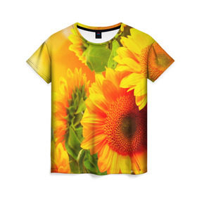 Женская футболка 3D с принтом Подсолнух в Белгороде, 100% полиэфир ( синтетическое хлопкоподобное полотно) | прямой крой, круглый вырез горловины, длина до линии бедер | желтая | подсолнух | поле | природа | цветы