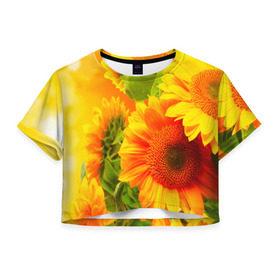 Женская футболка 3D укороченная с принтом Подсолнух в Белгороде, 100% полиэстер | круглая горловина, длина футболки до линии талии, рукава с отворотами | желтая | подсолнух | поле | природа | цветы