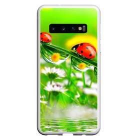 Чехол для Samsung Galaxy S10 с принтом Макро в Белгороде, Силикон | Область печати: задняя сторона чехла, без боковых панелей | Тематика изображения на принте: божья коровка | насекомые | одуванчик | природа | цветы