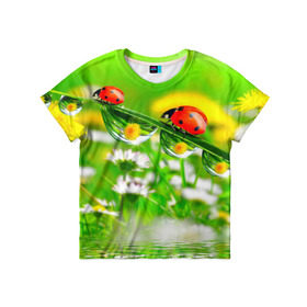 Детская футболка 3D с принтом Макро в Белгороде, 100% гипоаллергенный полиэфир | прямой крой, круглый вырез горловины, длина до линии бедер, чуть спущенное плечо, ткань немного тянется | божья коровка | насекомые | одуванчик | природа | цветы