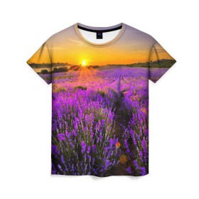 Женская футболка 3D с принтом Лавандовое поле в Белгороде, 100% полиэфир ( синтетическое хлопкоподобное полотно) | прямой крой, круглый вырез горловины, длина до линии бедер | закат | лиловый | пейзаж | яркий